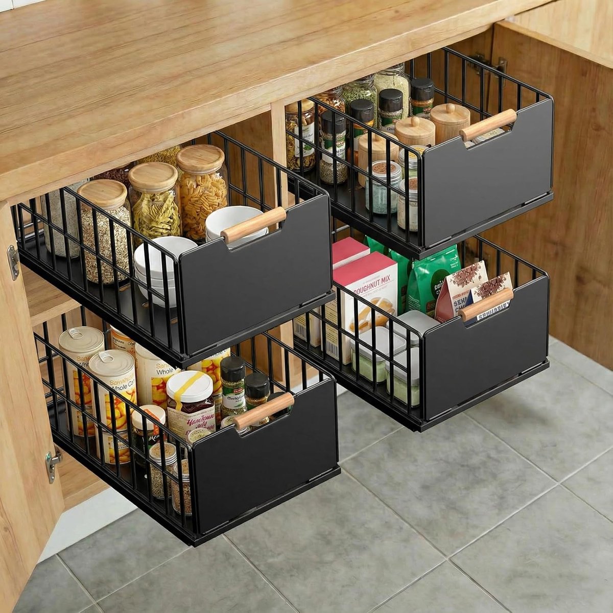 SnelShoppen - 4 Pcs Keuken Treklade Organiser met Houten Handvat, Metaal Uittrekbare Lades, Geen Boren, 40x25x18 cm voor Keuken en Kasten