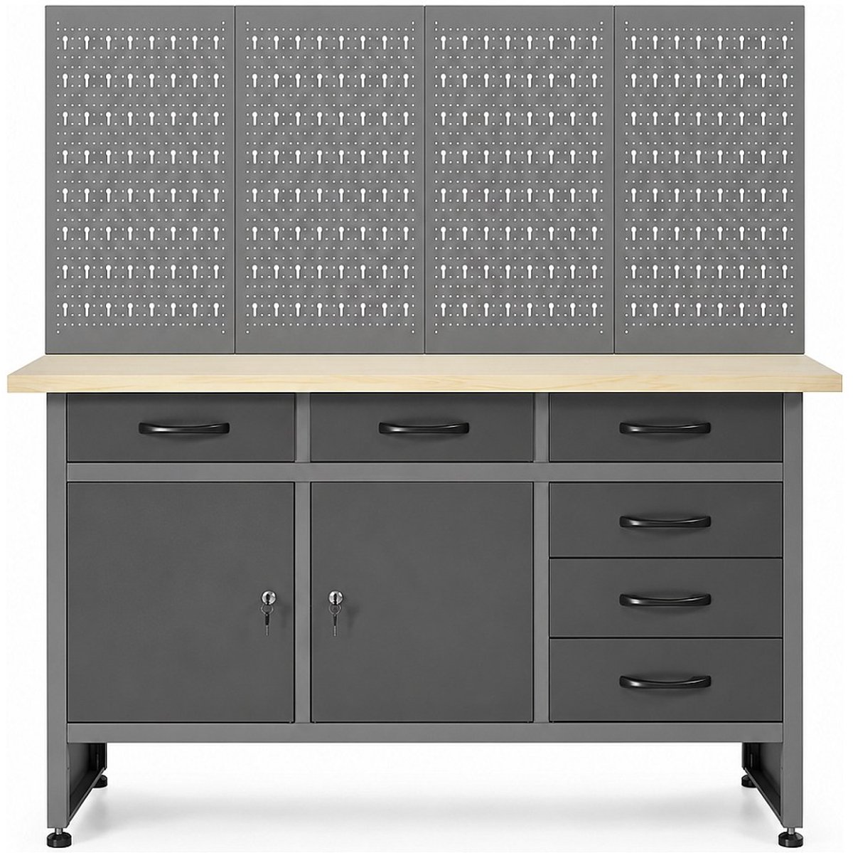 Vente-unique Werkbank met houten werkblad en geperforeerd paneel van staal - B160 x D60 x H145 cm - Grijs BRICANO