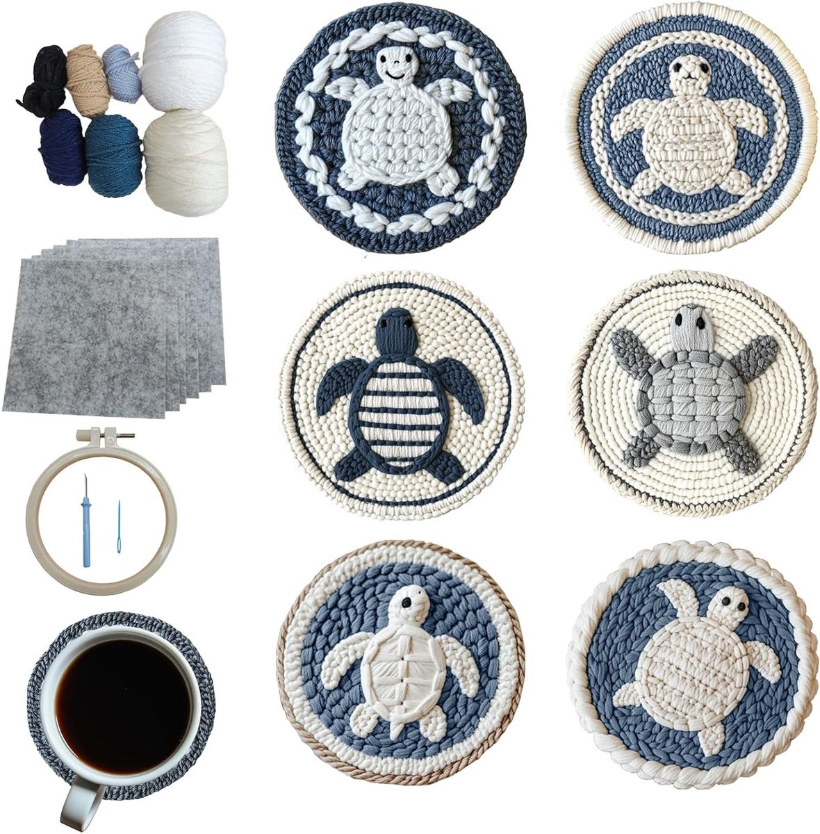 Set van 6 schildpad punch needle onderzetters voor beginners en kinderen - Dierlijke punchneedles, creatief borduren en handwerkset voor volwassenen