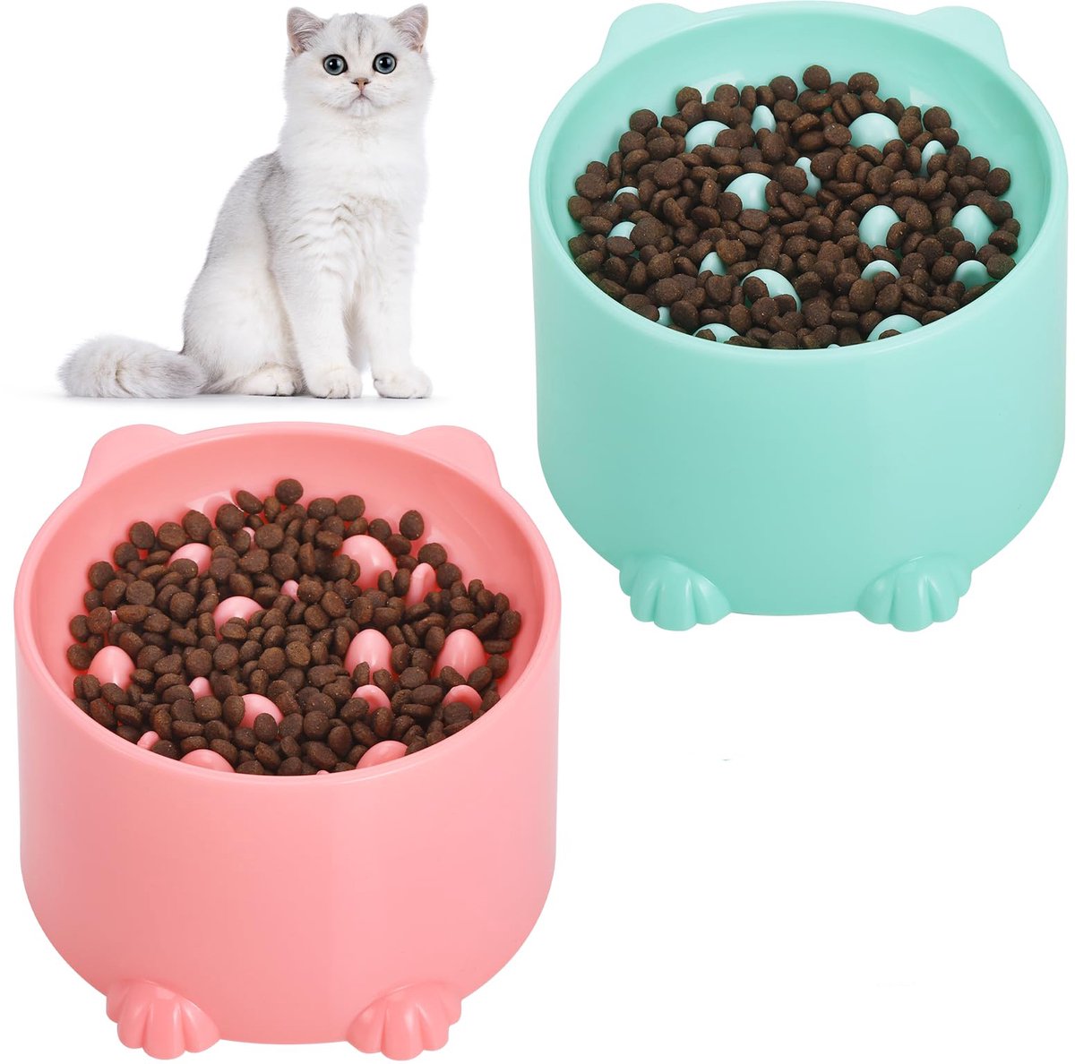 2 Stuks Verhoogde Slow Feeder Kattenbak - Anti Schrok Voerbak voor Katten - Nekvriendelijk Design - Vertraagt Eten en Bevordert Gezonde Spijsvertering - Roze en Groen