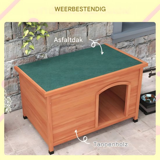 Houten hondenhok met groen asfalt dak, in de tuin.