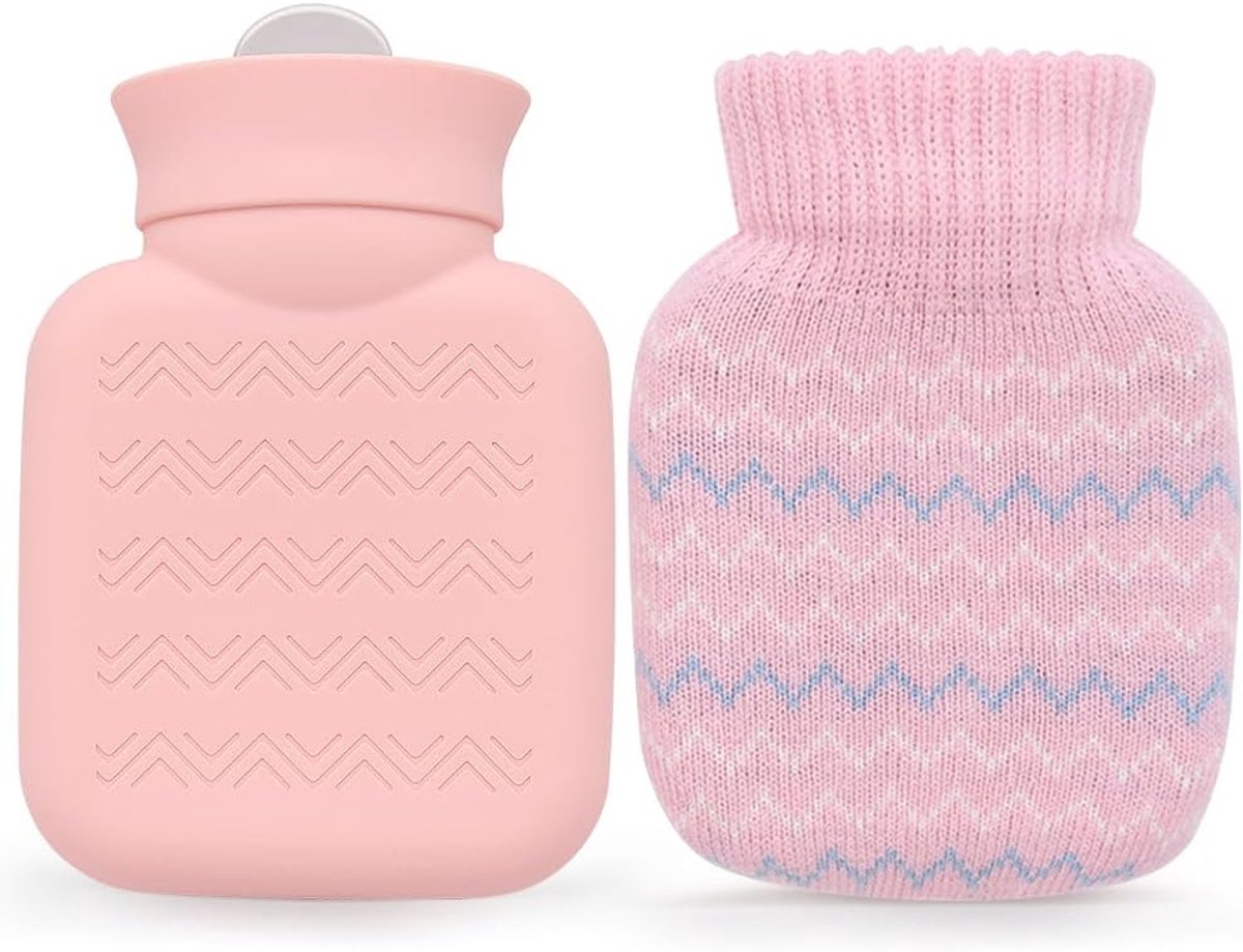 SnelShoppen - 320ml Warmwaterkruik met Breihoes, Mini Warmwaterzak voor Pijnverlichting Heupen Rug Nek Schouders, Klein Lekvrij, Verwijderbare Hoes, P