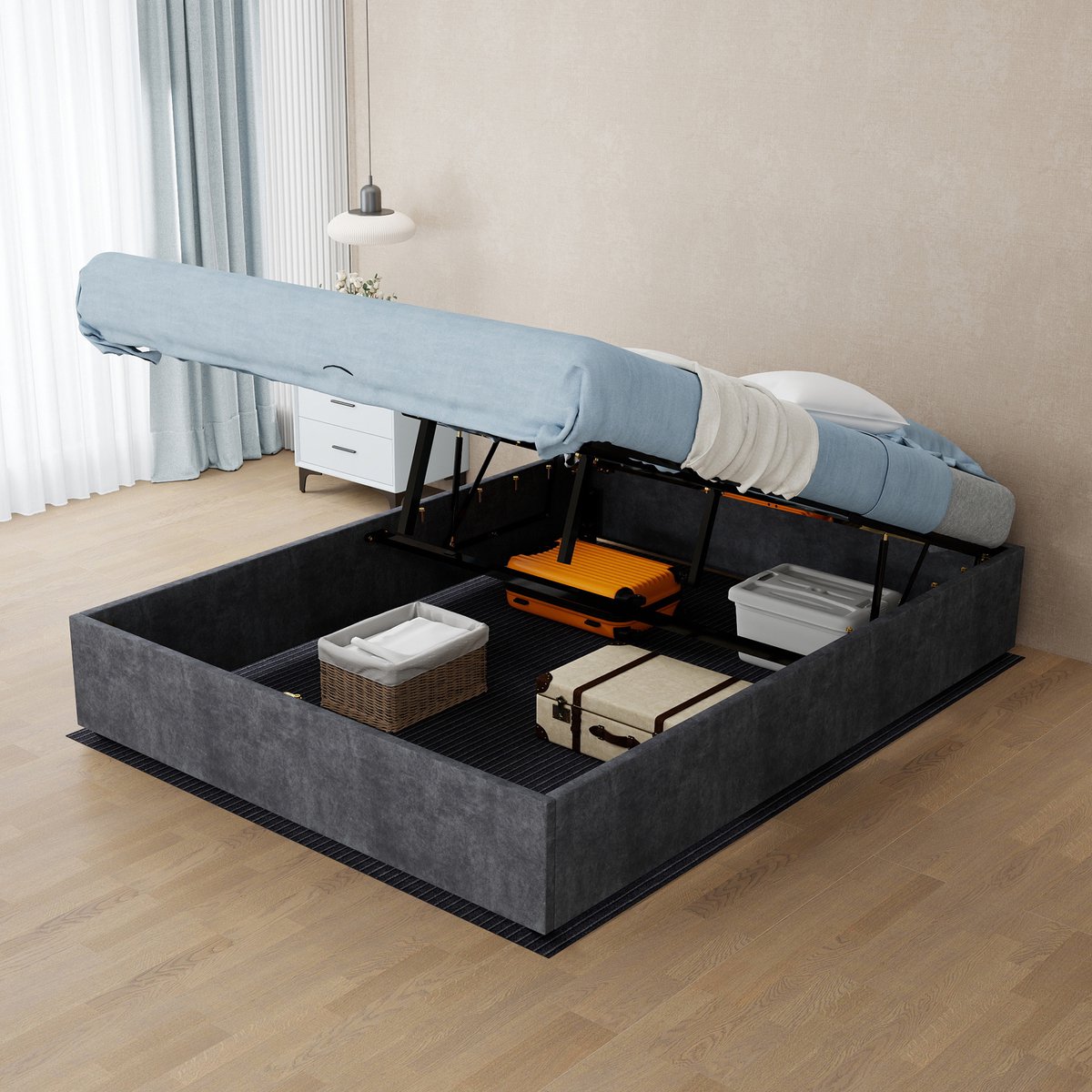 Gestoffeerd Bed 140x200 cm - Tweepersoonsbed met Gaslift en Opbergruimte - Lattenbodem - Zonder Hoofdbord en Zonder Matras - Grijs