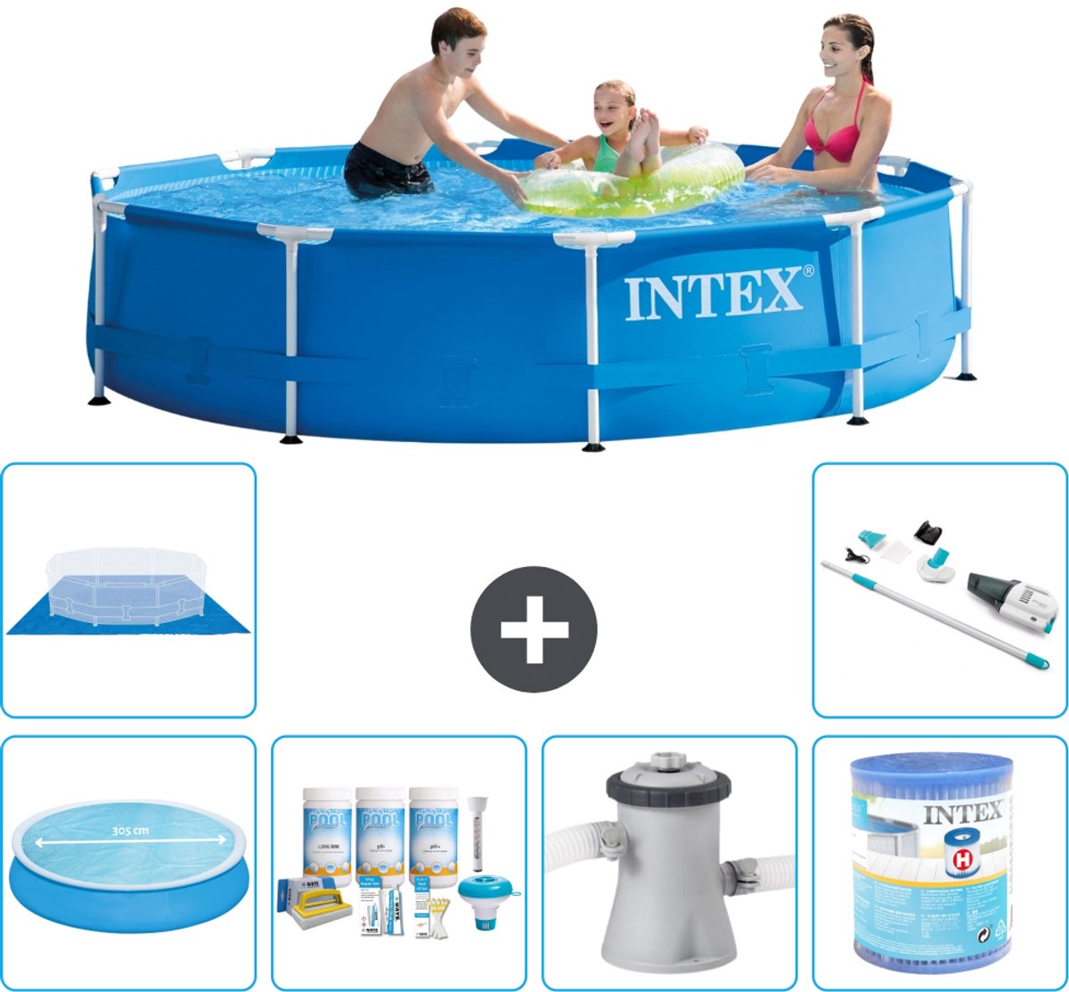 Intex Rond Frame Zwembad - 305 x 76 cm - Blauw - Inclusief Solarzeil - Onderhoudspakket - Zwembadfilterpomp - Filter - Grondzeil - Stofzuiger - 7-delig