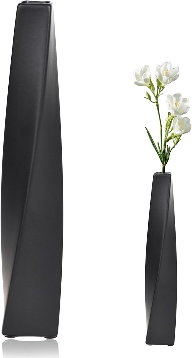 SnelShoppen - Matte Keramische Vaas Smal Vloervaas voor Pampas Gras en Droogbloemen, Moderne Decoratie, Zwart 34cm, Ideaal voor Woonkamer, Kantoor en