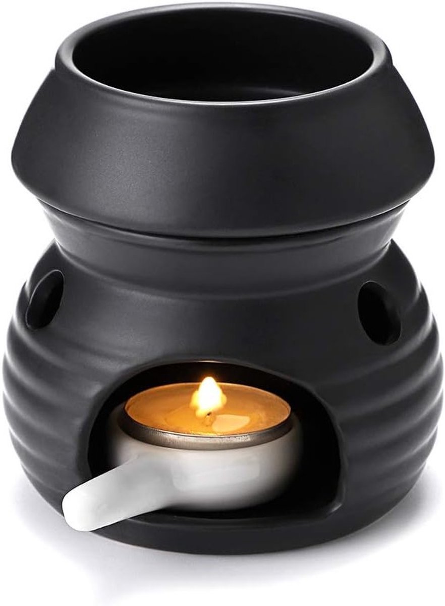 Ceramische geur lamp met kaarshouder, theelichthouder, aroma lamp en geurbrander voor geur olie en geurwas (zwart)
