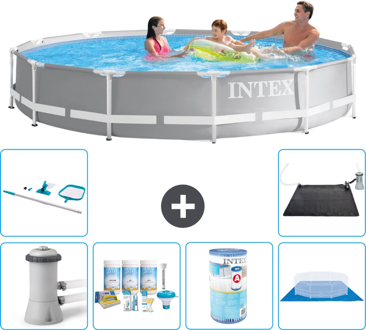 Intex Rond Prism Frame Zwembad - 366 x 76 cm - Grijs - Inclusief Pomp - Onderhoudspakket - Filter - Grondzeil - Schoonmaakset - Solar Mat - 7-delig