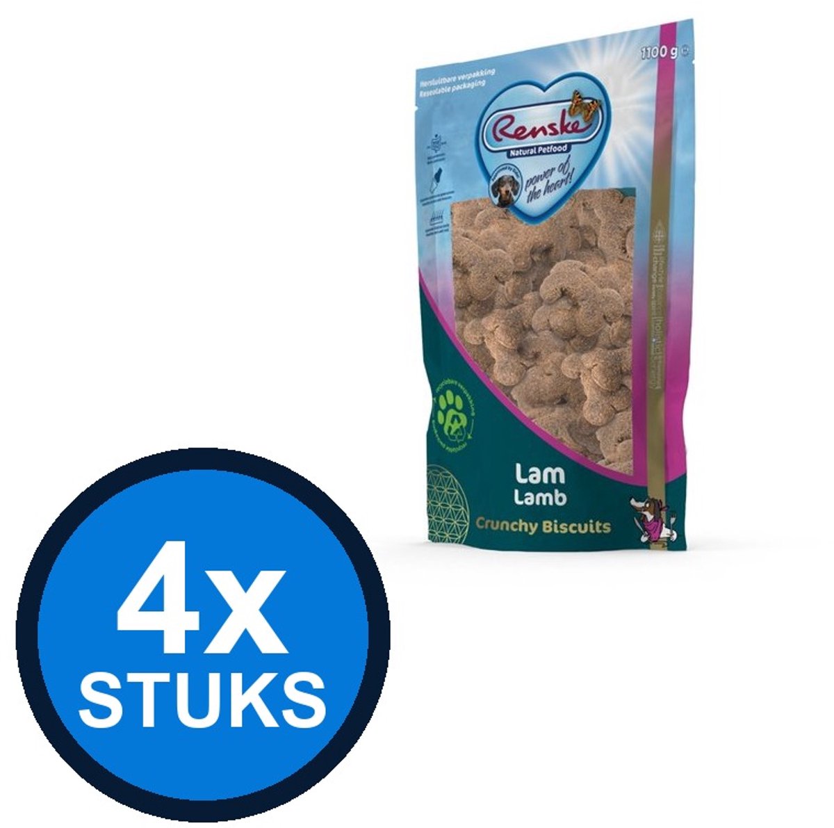 4x Renske - Gezonde beloning hond crunchy lam 1100gr - Hondenvoer Snacks - 1.1 kg