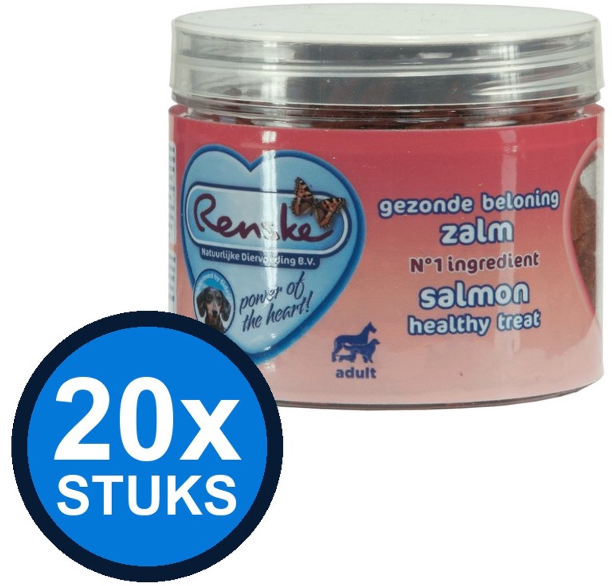 20x Renske - Gezonde beloning mini hartjes hond zalm 100gr - Hondenvoer Snacks - 100 g