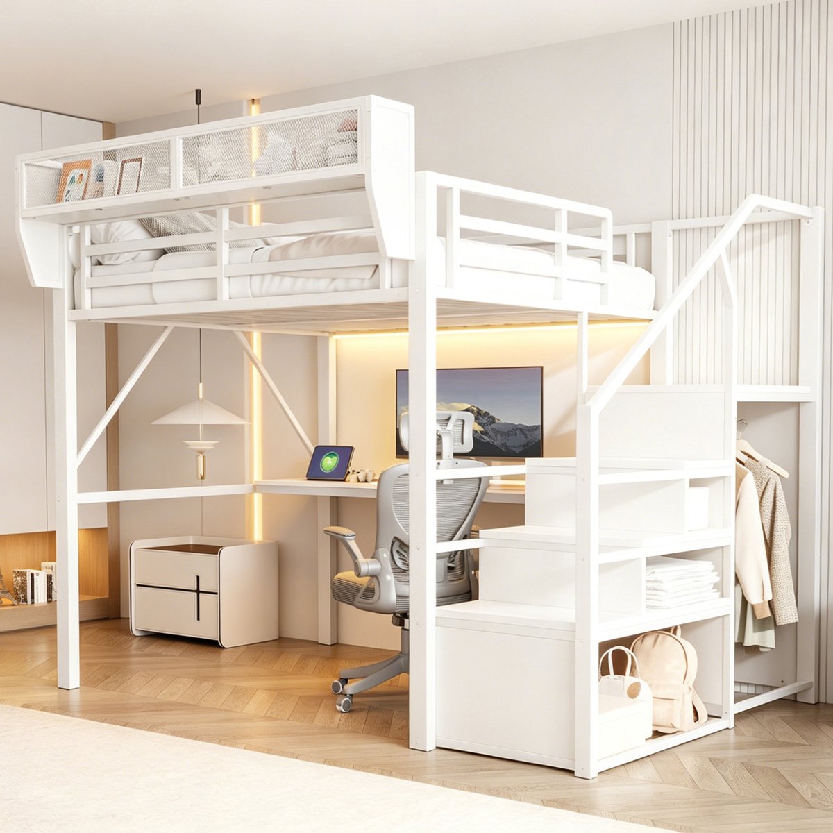 Hoogslaper 140 x 200 cm Zonder Matras - Met Bureau, LED Verlichting En Opbergruimte - Veiligheidsladder Voor Werken En Slapen - Metaal En MDF - Wit