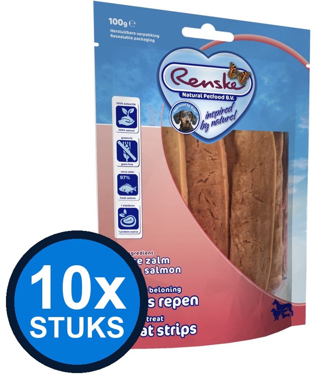 10x Renske - Gezonde beloning vleesrepen hond zalm 100gr - Hondenvoer Snacks - 100 g