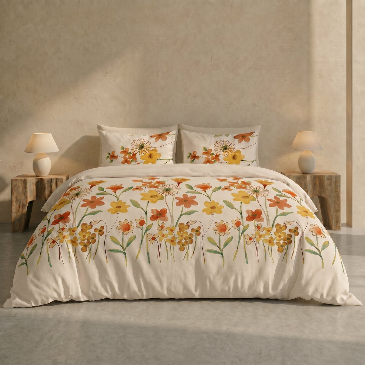 Dreamers Den Fleurette Terra – Dekbedovertrek 100% Katoen met Bloemenprint en Extra Lange Instopstrook – Eenpersoons 140x200/260 cm