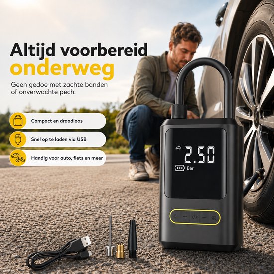 Elektrische Bandenpomp - 10,3 BAR - USB Oplaadbaar - Fietspomp - Ballenpomp - Autobanden Pomp - Luchtpomp - Luchtcompressor - Noodlamp van Merkloos — afbeelding 4