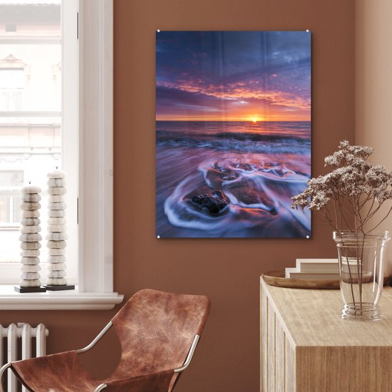 ® Glasschilderij 60x80 cm - Schilderij acrylglas - Zonsondergang bij de Noordzee bij het Engelse Nationaal park North York Moors - Foto op glas - Muurdecoratie woonkamer - Wanddecoratie slaapkamer - Schilderijen