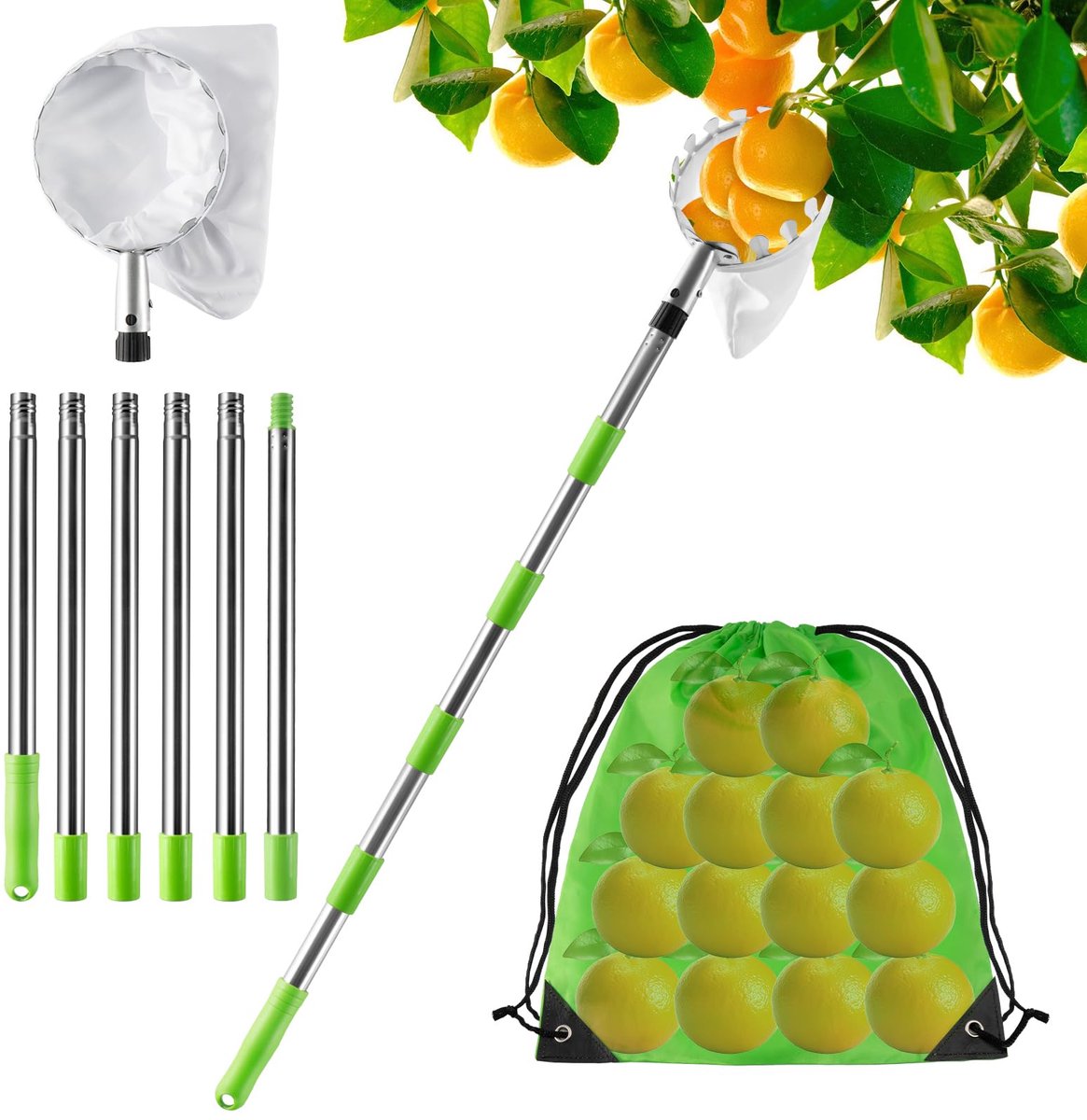 carmdering - Telescopische Fruitplukker - Uittrekbare Oogststok - Telescoopsteel - Maximale Lengte 2,4 Meter - Roestvrij Staal Constructie - Edelstaal En Polyester - Duurzaam En Weerbestendig - Veilig Plukken Zonder Ladder - 6 Delen
