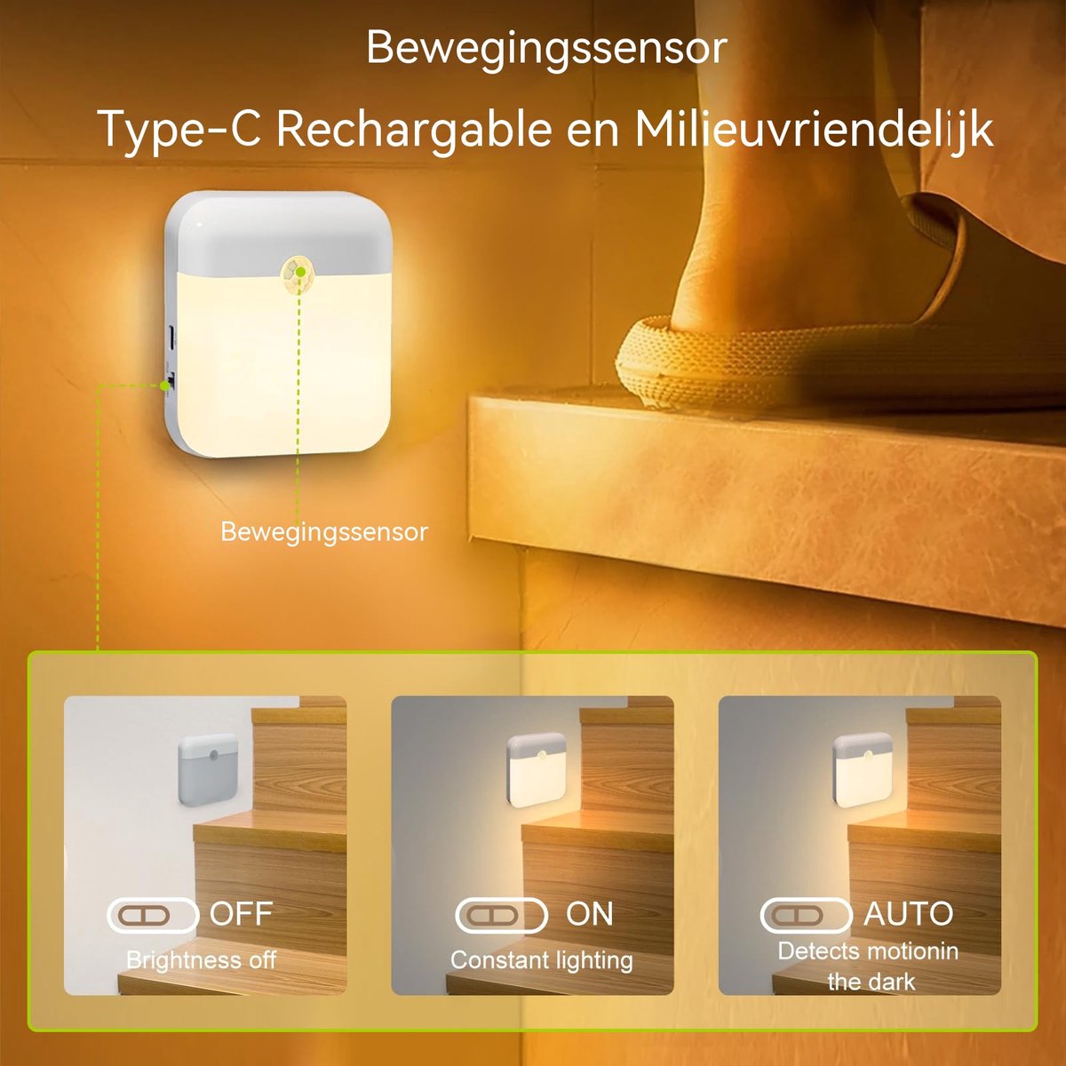 carmdering - Nachtlicht Met Bewegingsmelder - Oplaadbaar LED Schemerlampje - Binnenverlichting - PIR Sensor Detectie - USB-C Opladen - ABS Kunststof - Dimloos Warmwit Licht - Veilig Nachtllopen Zonder Struikelen - 2 Stuks — cadeau in Wonen & Interieur - foto 2