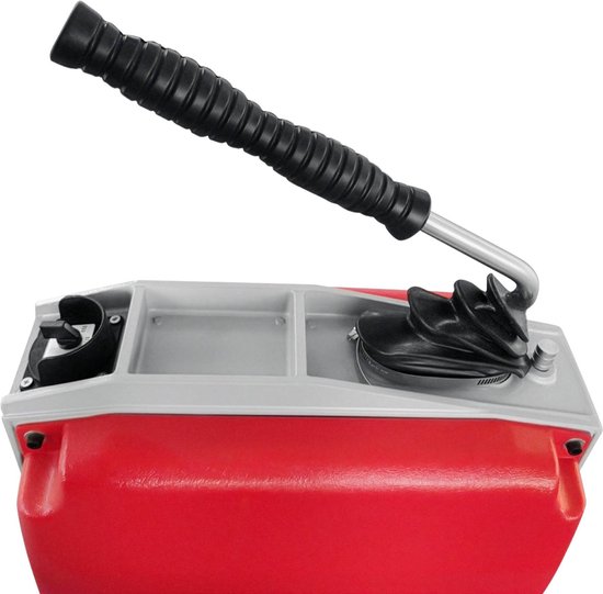 Grijze en rode machine voor pijpenreiniging met een geribbeld handvat en een rubberen beschermkap.
