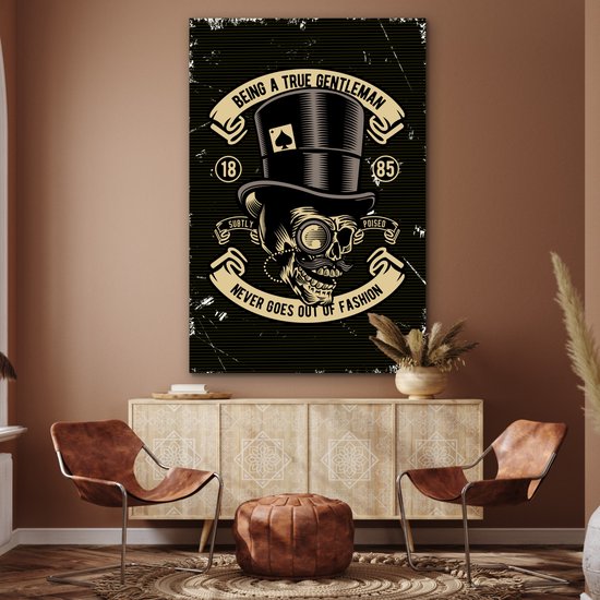 Aluminium schilderij 100x150 cm - Wanddecoratie metaal - Doodskop - Hoed - Retro - Tekening - Metalen muurdecoratie woonkamer - Decoratie industrieel - Foto op dibond - Industriële accessoires slaapkamer