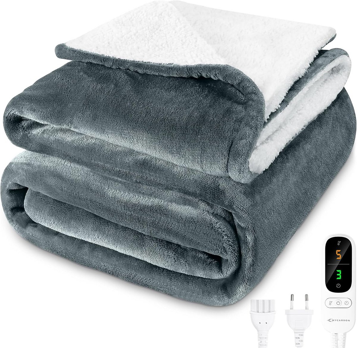 MYCARBON elektrische verwarmingsdeken met automatische uitschakeling, 180x160 cm, wasbaar, 6 warmtestanden, 9-uurs timer, en meerlaagse bescherming voor thuis, bed, kantoor, bank, lichtgrijs