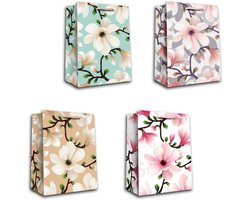 Bagland Geschenktasjes set van 4 in 4 designs, Flowers-33, groot, 26 cm x 32 cm x 12 cm