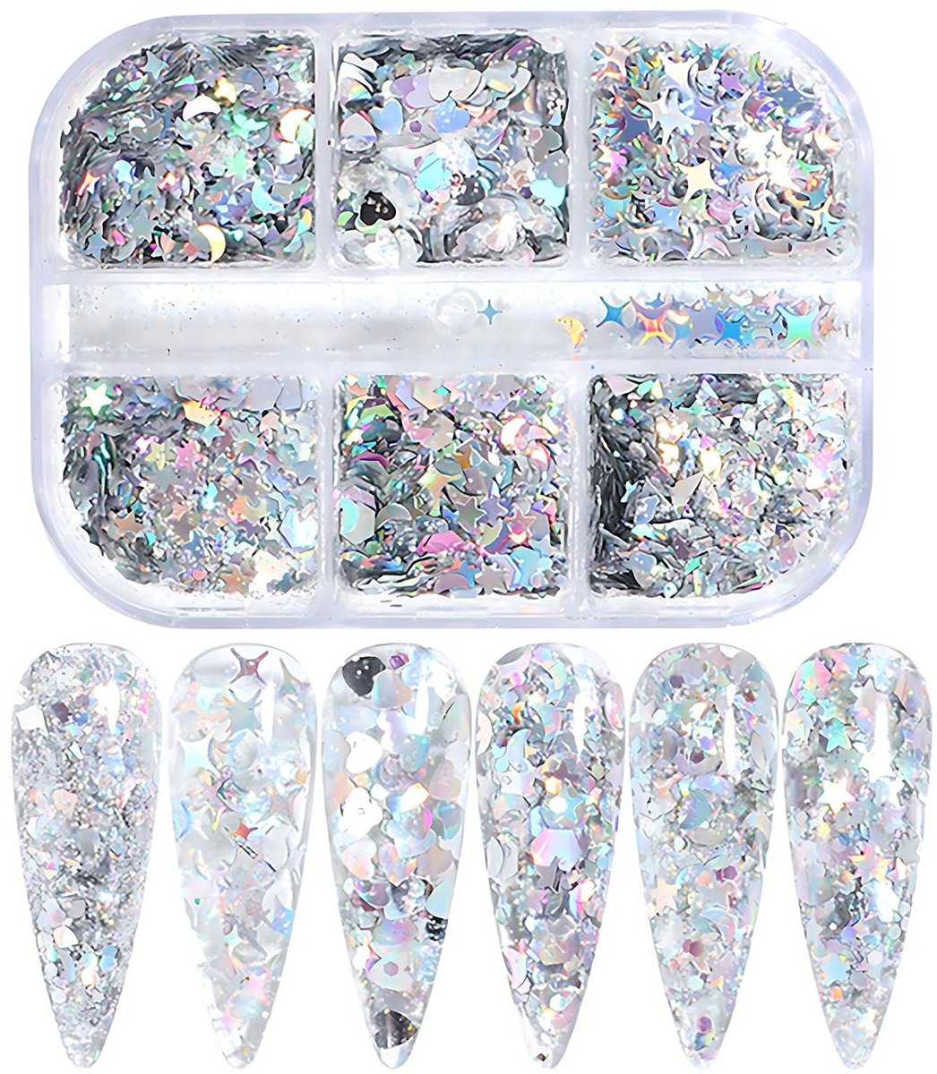 ZEACCT Nail Design Glitter Set - 6 Compartimenten Holografische Sequins voor Nagels en Body