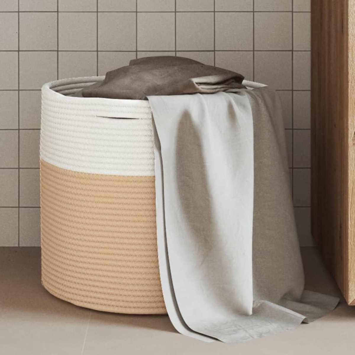 Opbergmand Katoen - Wasmand Mand - Ruimte Besparen - Opvouwbaar Ontwerp - 40x35 cm - Beige Wit