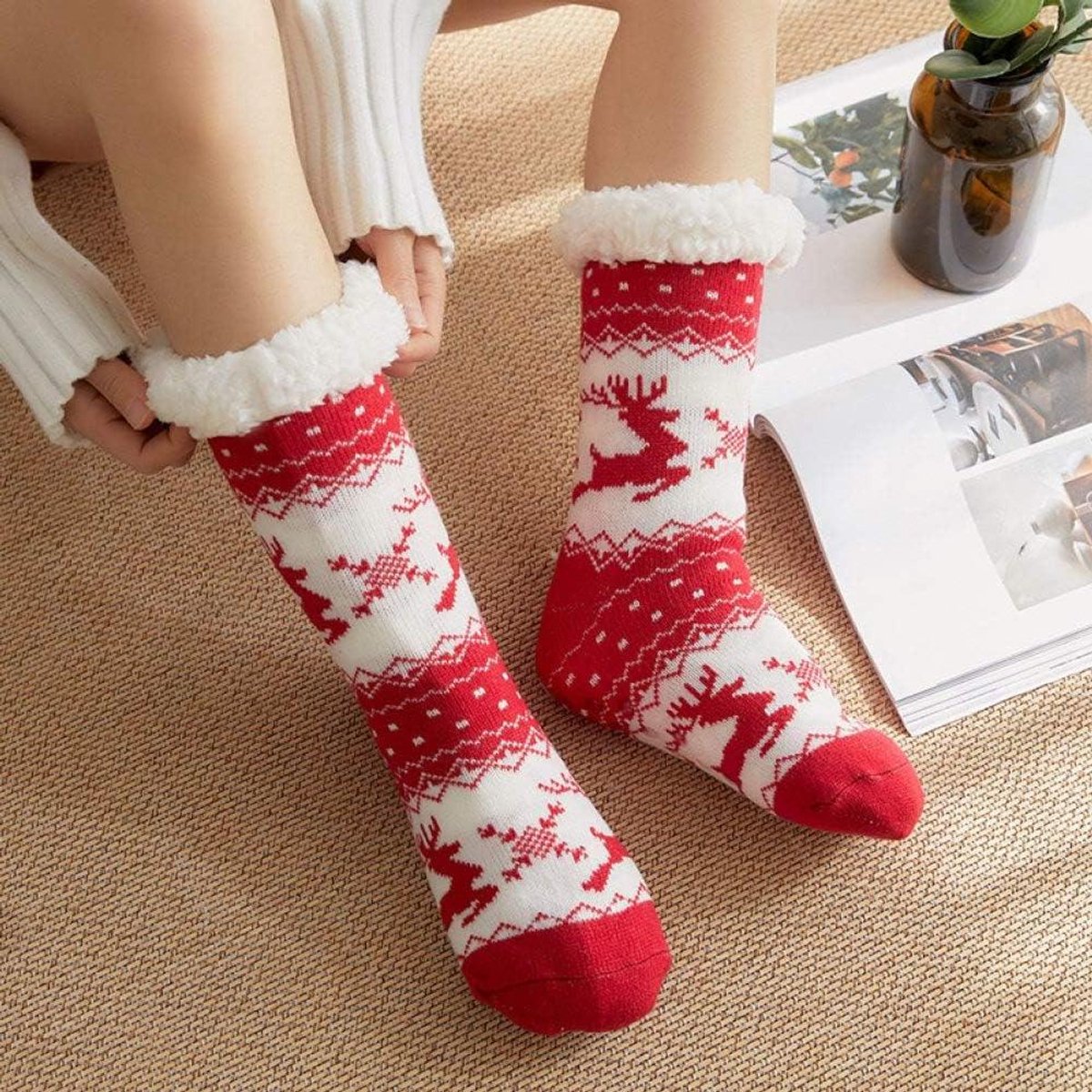 Sokken Dames - Huissokken Warme Sokken - Thuis Ontspannen - Antislip Zolen - One Size - Rood met Muis