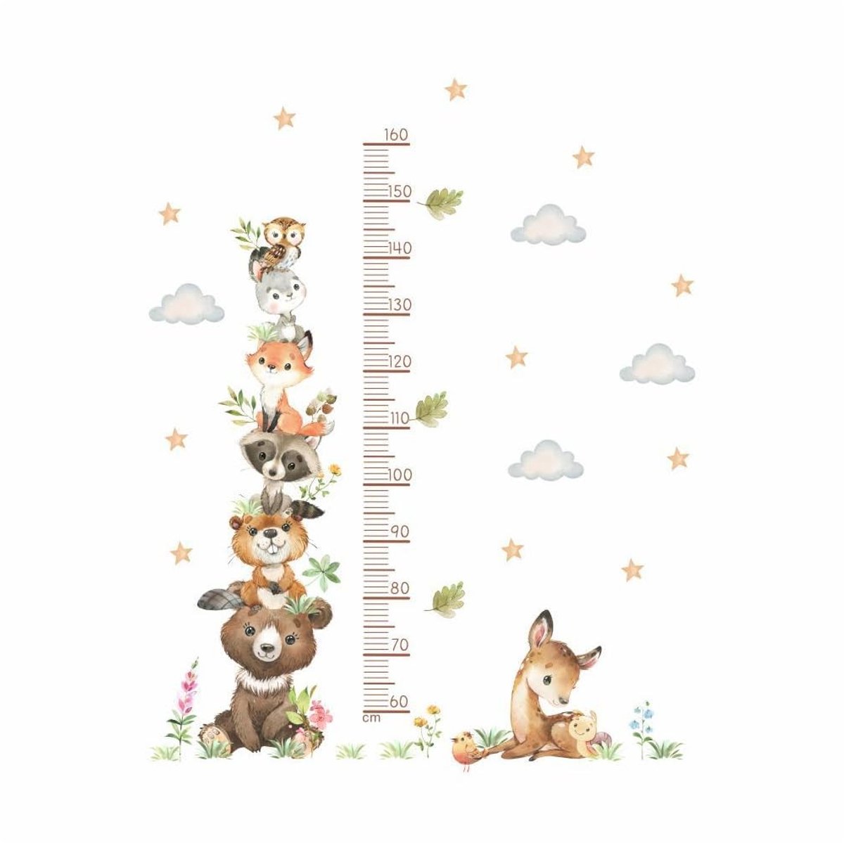 ONF3 - Maatsticker - Wandtapijt met Bosdieren - Zelfklevend - 60-160 cm - Voor Kinderen - Groeimeter - Interieurdecoratie