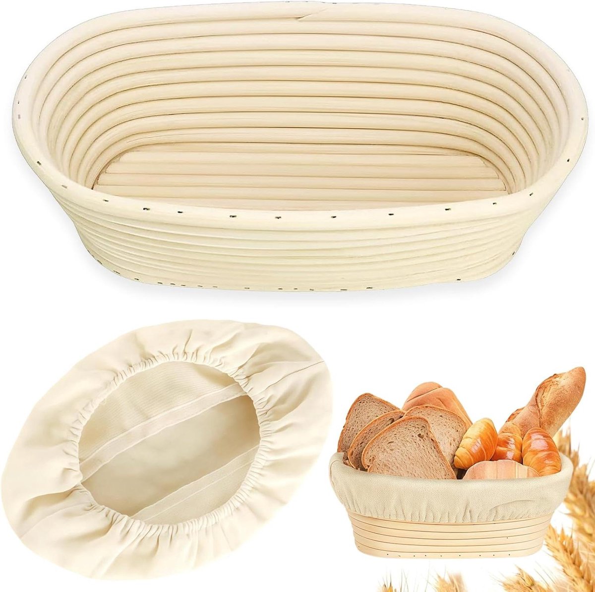 Ovaal rijsmandje Broodvorm Brood bakken Met linnen inzetstuk 25 x 15 x 8 cm Naturel Beige