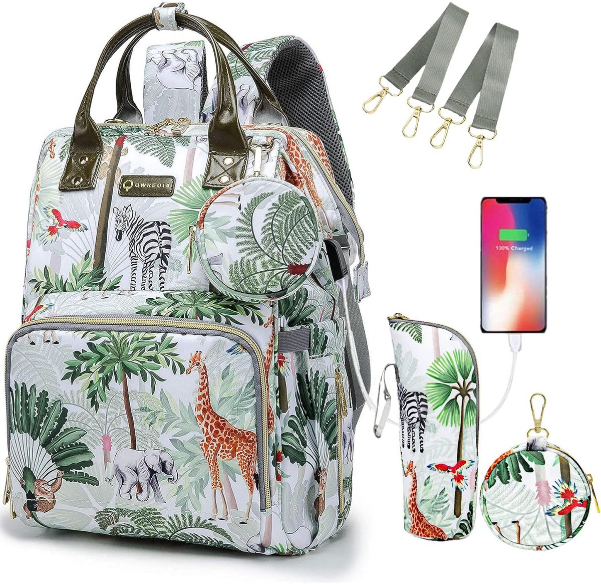 Tropisch regenwoud luiertas rugzak, dierenluierrugzak met muntentas USB-oplaadpoort kinderwagenriemen en geïsoleerde zak voor vrouwen/moeder/reizen (dierenpatroon)
