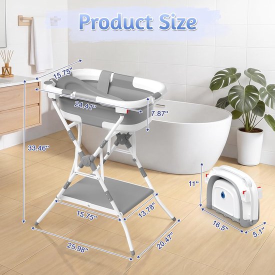 Opvouwbaar Babybadje - Badstandaard Baby - Veilig Baden - Met Temperatuurindicator - 80 x 65 x 95 cm - Grijsachtig Wit — afbeelding 5