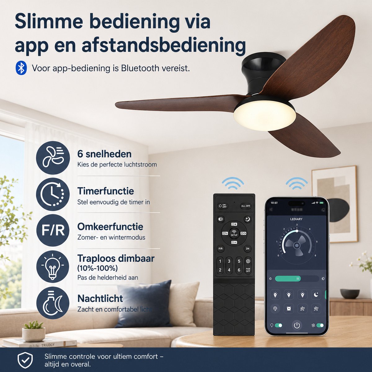 Rosnek Plafondventilator met Verlichting - 100 cm Diameter Smart Lamp met Afstandsbediening & App - 6 Windsnelheden, 3 Kleurtemperaturen - Plafond Ventilator Lamp met Timer, Landelijke Stijl voor Slaapkamer, Woonkamer & Terras thumbnail 6