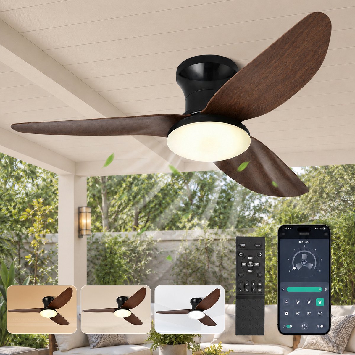 Rosnek Plafondventilator met Verlichting - 100 cm Diameter Smart Lamp met Afstandsbediening & App - 6 Windsnelheden, 3 Kleurtemperaturen - Plafond Ventilator Lamp met Timer, Landelijke Stijl voor Slaapkamer, Woonkamer & Terras