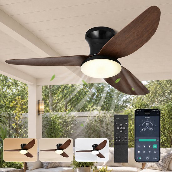 Rosnek Plafondventilator met Verlichting - 100 cm Diameter Smart Lamp met Afstandsbediening & App - 6 Windsnelheden, 3 Kleurtemperaturen - Plafond Ventilator Lamp met Timer, Landelijke Stijl voor Slaapkamer, Woonkamer & Terras