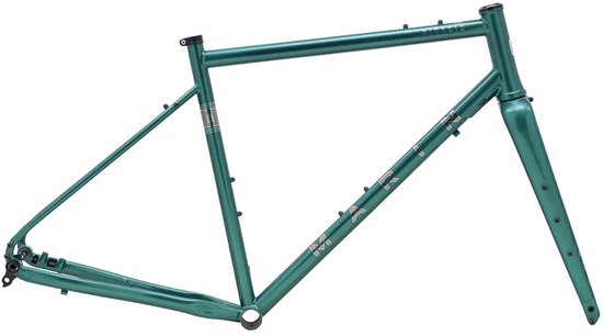 Groen Marin Nicasio fietsframe met vork, met 'Marin' logo in een roze-rode kleur.
