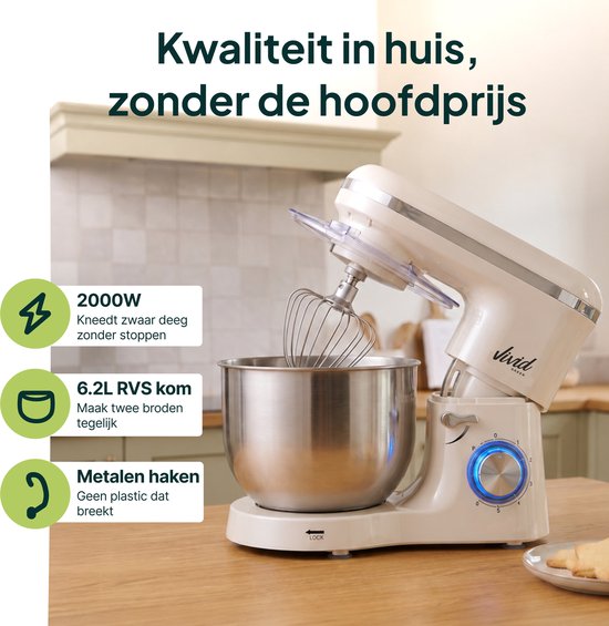 Vivid Green 2000W Keukenmixer - Geschikt voor Zwaar Deeg - 6,2L Mengkom - Keukenmachine - Keukenrobot - Crème
