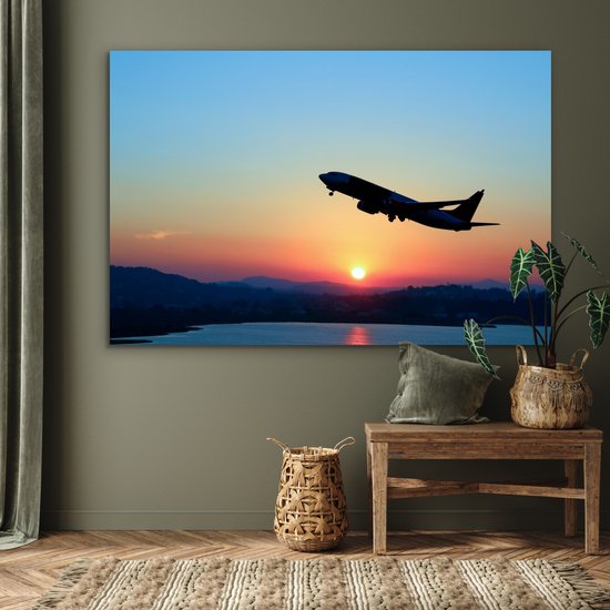 Aluminium schilderij 150x100 cm - Wanddecoratie metaal - Stijgend vliegtuig met een heldere lucht - Metalen muurdecoratie woonkamer - Decoratie industrieel - Foto op dibond - Industriële accessoires slaapkamer