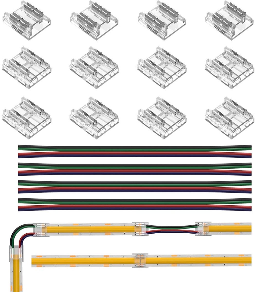 aladdien - RGB Connector Kit - 12 Stuks - 10mm Verlengkabel - Geschikt voor LED Strips - 22AWG - Voor binnenshuis