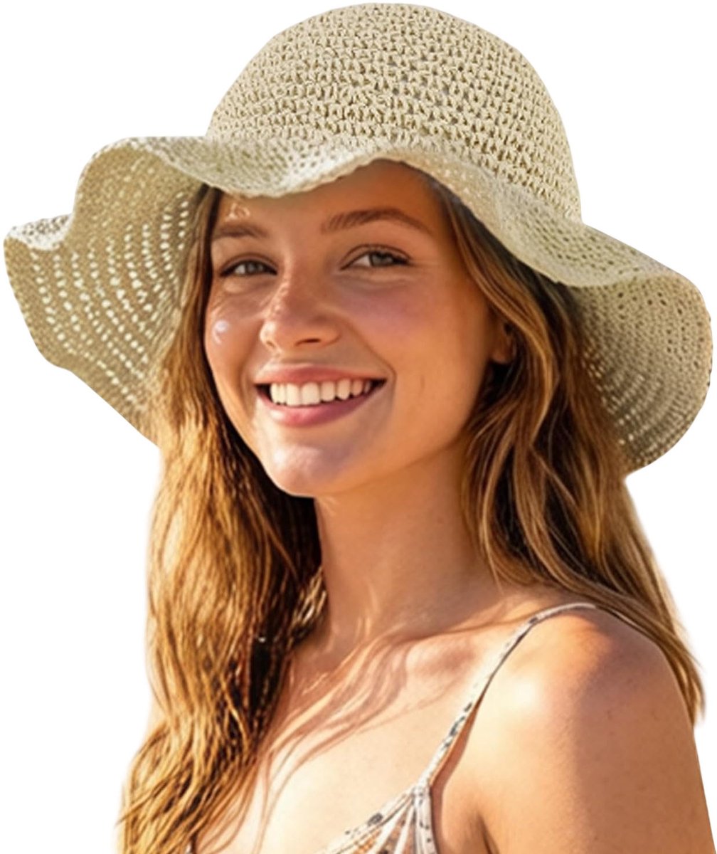 Topmelon Zonnehoed Dames — Strohoeden voor Dames – Opvouwbare Zomerhoed met 10 CM Brede Rand – Reis hoed Beige