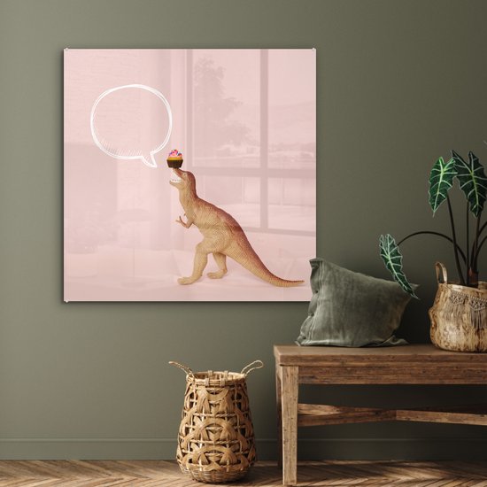 MuchoWow ® Peinture sur Verre - speelgoed Dinosaurus - Cupcake - Rose - 90x90 cm - Peintures sur Verre Peintures - Photo sur Glas