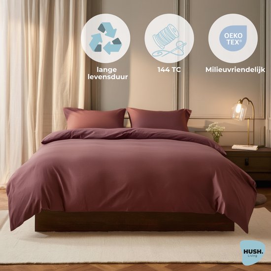 HUSH Living - Dekbedovertrek - 100% katoen - 144TC - soepel en ademend - 200x220+20cm - 2 x 60x70cm kussenslopen - met bevestigingslusjes - bordeaux