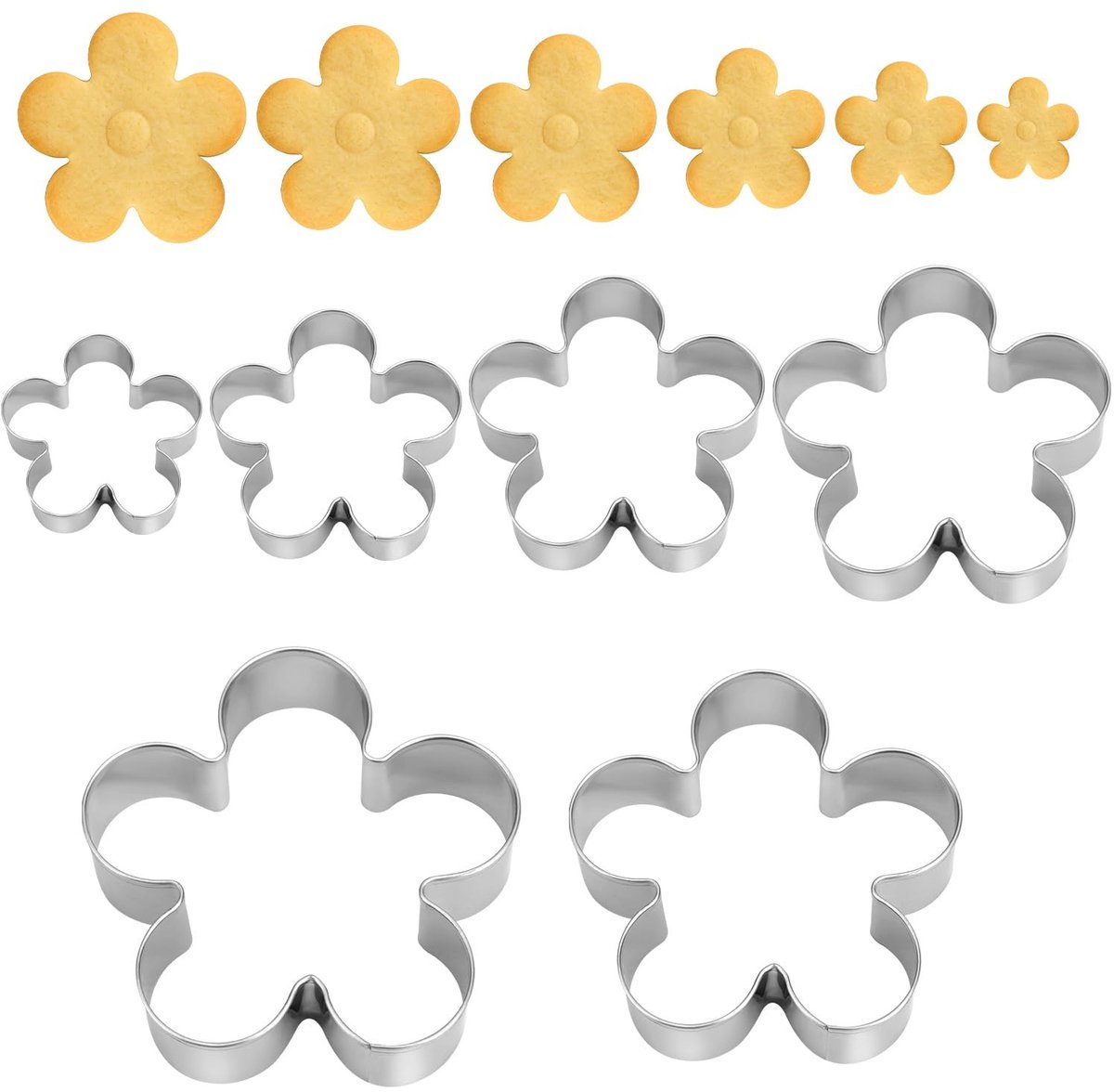 aladdien - Vijf-Bloemige Koekjesvormpjes - Bakvormpjes Set - Zilver - Fondant Gereedschap - Perfect voor Desserts - 6 Stuks