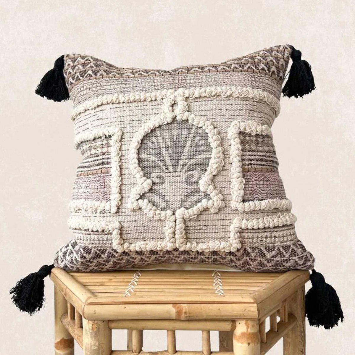 TFP Hand Block Printed Cushion Cover - Sierkussenhoes | Advay - 50 x 50 cm - 100% Organic Cotton (GOTS Certified) - Handmade in India - Beige, Grey, almond brown, Black