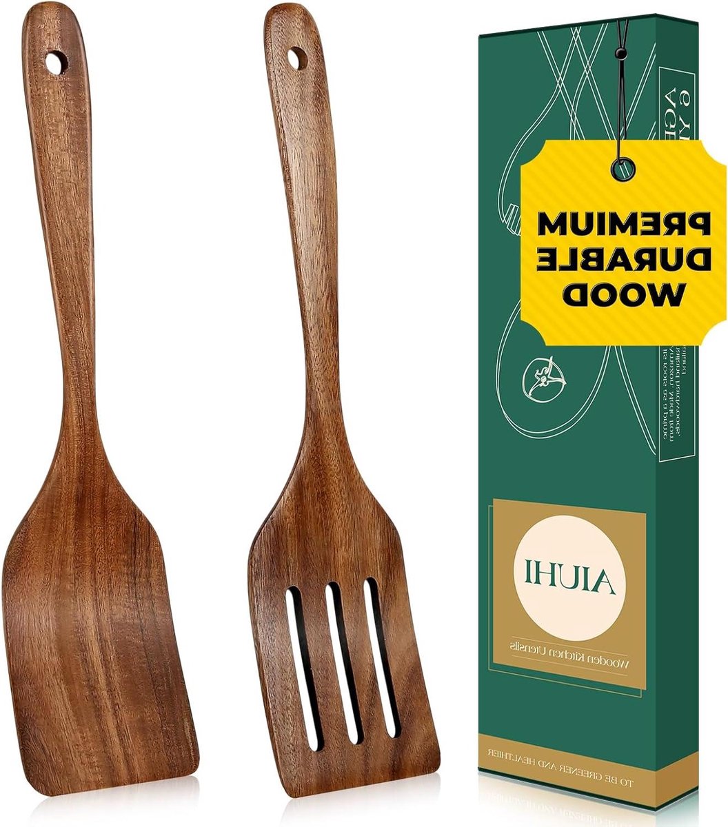 Houten Spatel Set - Keuken Lepels - Koken Bakken - Gladde Randen - 2 Stuks - Bruin
