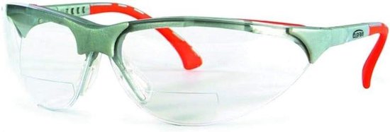 Veiligheidsbril met leesgedeelte, zilveren frame en opvallende oranje accenten op de veren, merk Infield.