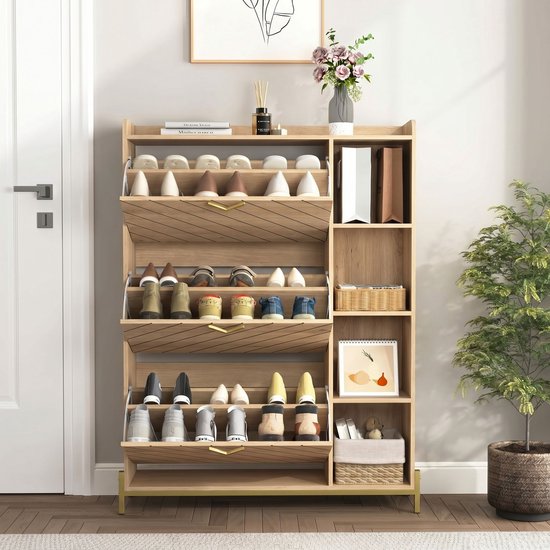 Armoire à chaussures de style scandinave avec couvercle articulé – structure en chêne – trois portes – grand espace de rangement – meuble d'entrée ultra-étroit – étagères latérales ouvertes – meuble de rangement pour l'entrée