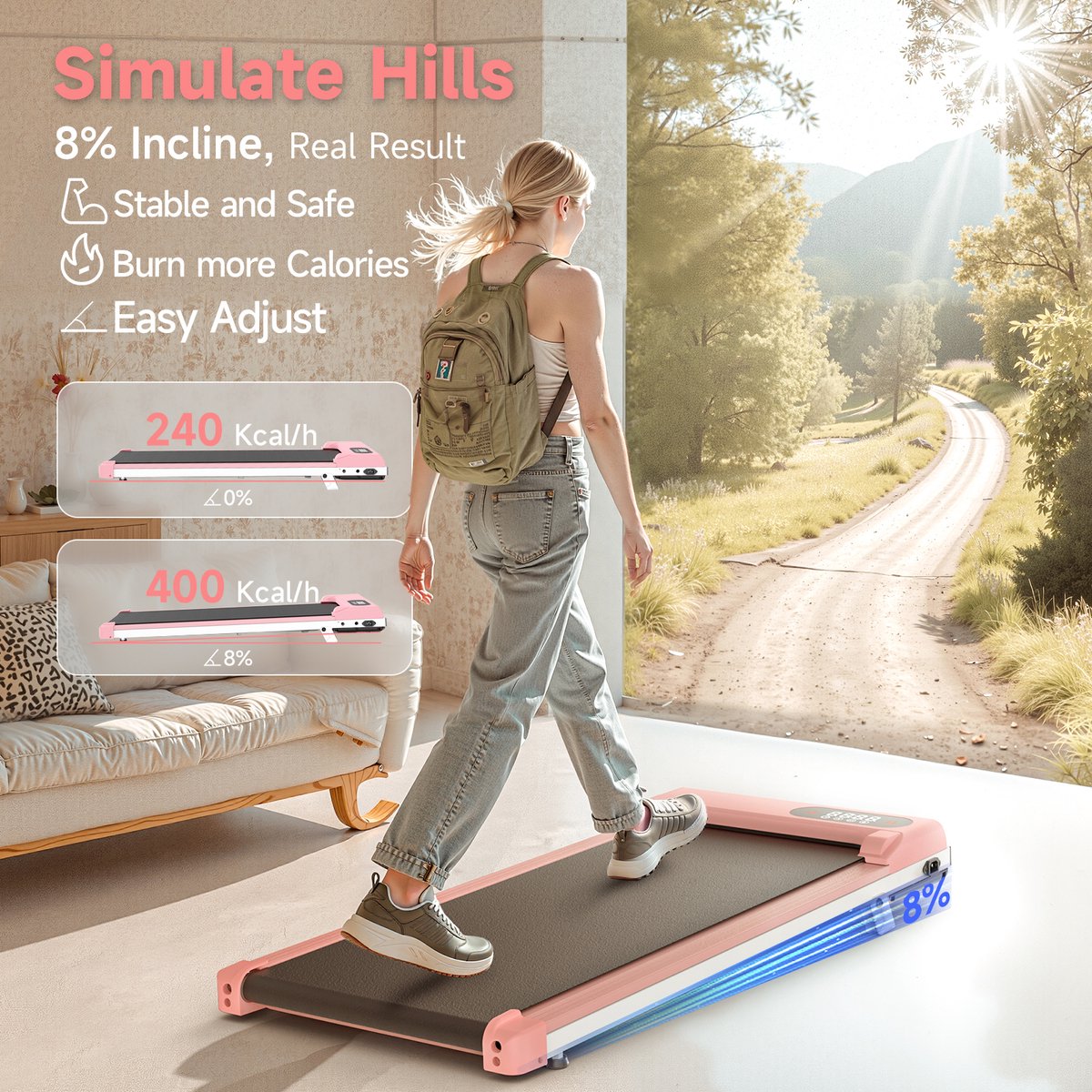 3-in-1 Inklapbare Loopband 8 km/u Roze met Helling - afbeelding 2