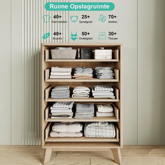 Open houten opbergkast met meerdere planken, gevuld met kleding en andere spullen.