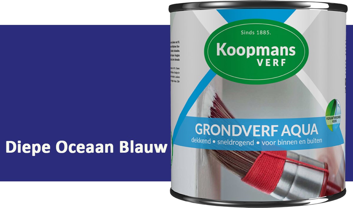 Koopmans Grondverf Aqua – Watergedragen Biobased Grondverf voor Hout & Metaal – Binnen en Buiten – Diepe Oceaan Blauw – 1,5 l