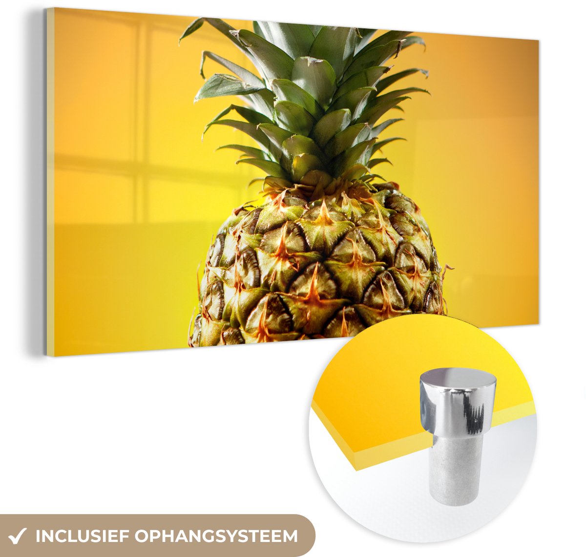 ® Glasschilderij 80x40 cm - Schilderij acrylglas - Ananas - Fruit - Geel - Foto op glas - Muurdecoratie woonkamer - Wanddecoratie slaapkamer - Schilderijen